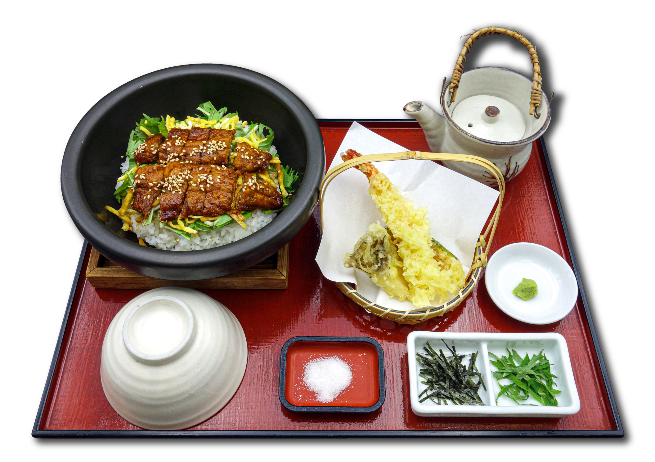 ムスリムフレンドリー岩魚石焼きひつまぶしと天ぷら盛合わせの画像